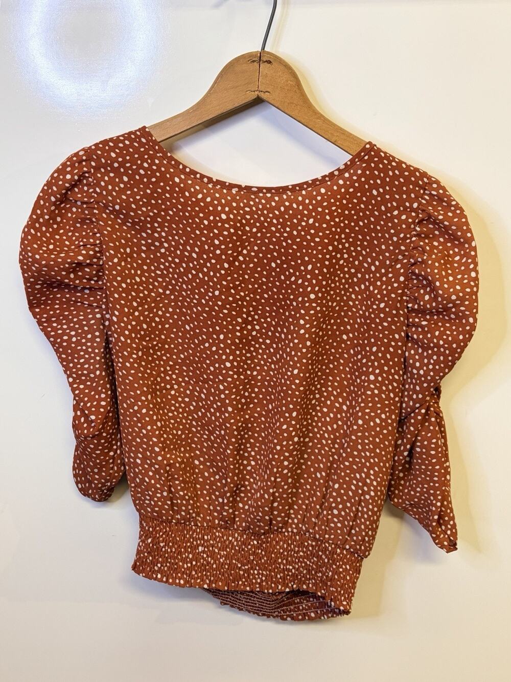 Paper Crane Puff Sleeve Smocked Band Blouse Womens M Polka Dot Rust Brown